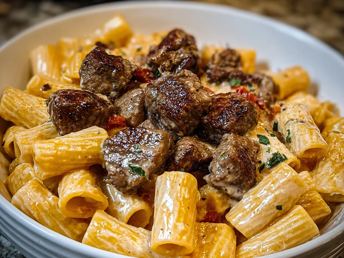 Cajun Steak Tips with Cheesy Rigatoni Parmesan Sauce - Image 1