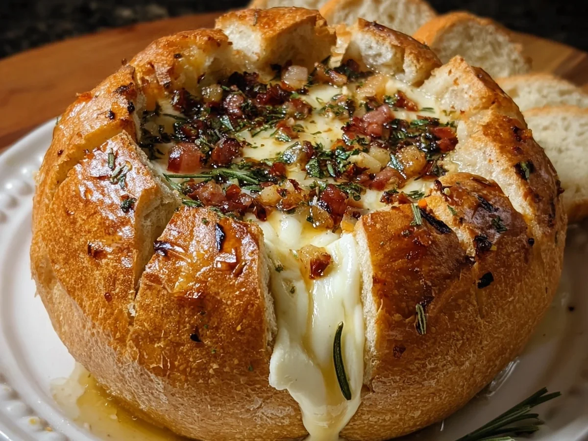 Easy Hot Honey Baked Brie Bread Bowl Appetizer - Image 1