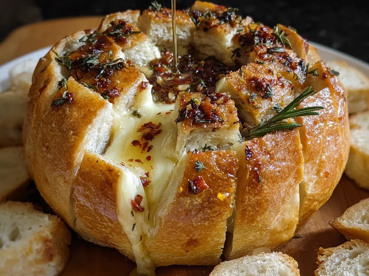 Easy Hot Honey Baked Brie Bread Bowl Appetizer - Image 2