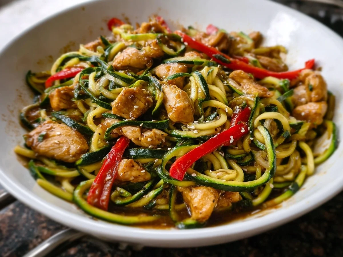 High Protein Garlic Chicken Zucchini Noodle Stir Fry - Image 1