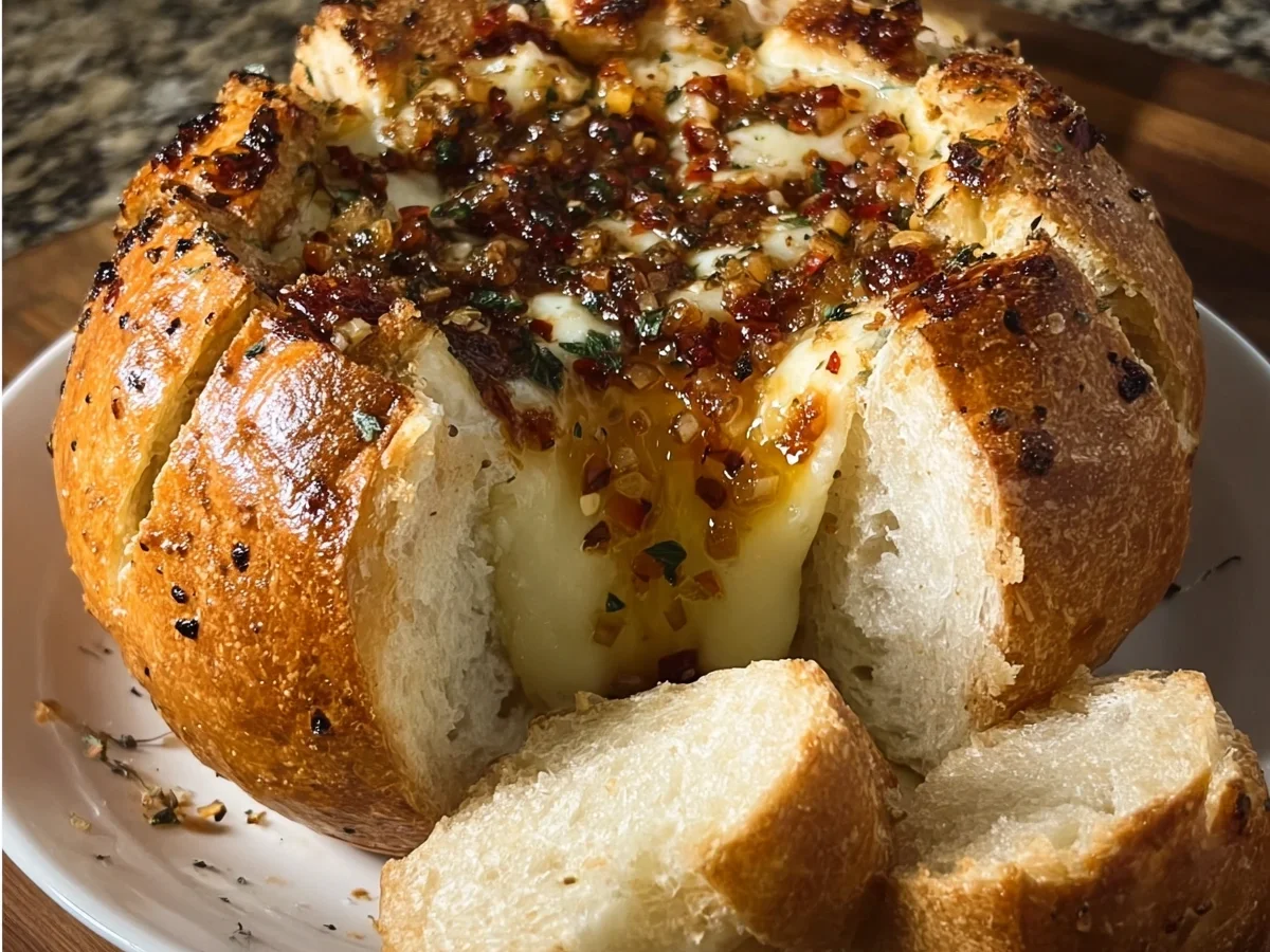 Hot Honey Baked Brie Bread Bowl Appetizer - Image 1