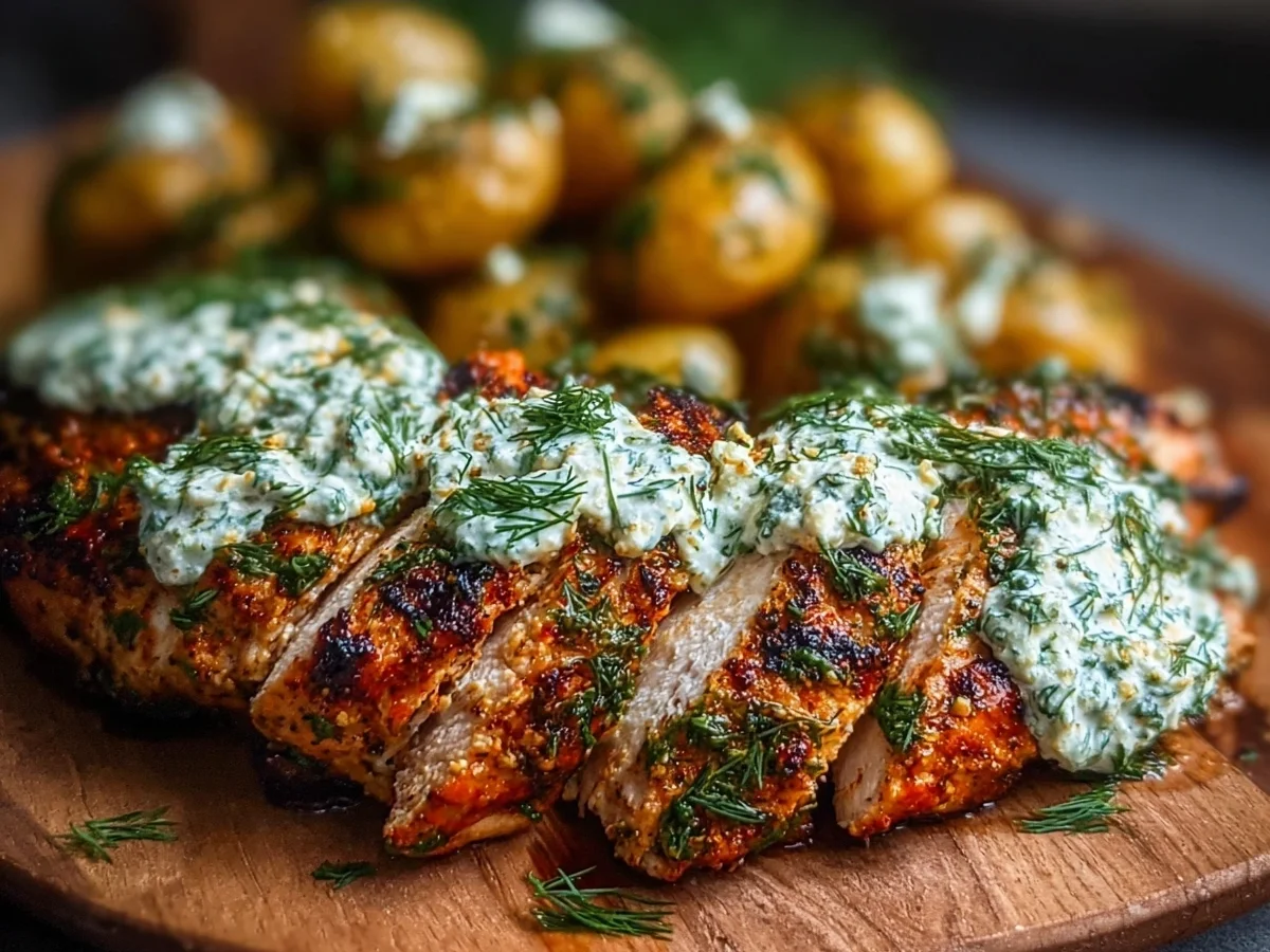 Spicy Yogurt Chicken Thighs with Dill Feta Cream - Image 1