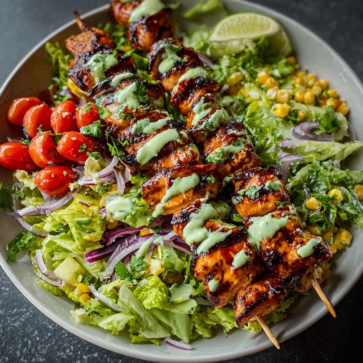 BBQ Chicken Skewer Salad with Creamy Avocado Dressing
