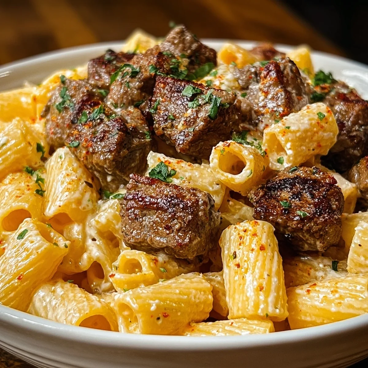Cajun Steak Tips with Cheesy Rigatoni Parmesan Sauce
