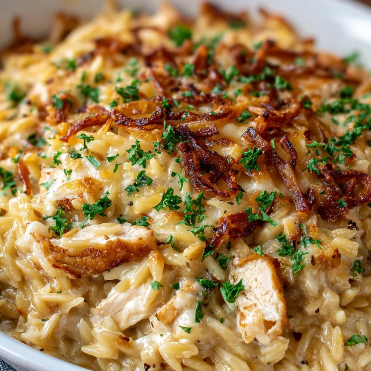 French Onion Chicken Orzo Casserole