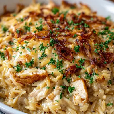 French Onion Chicken Orzo Casserole