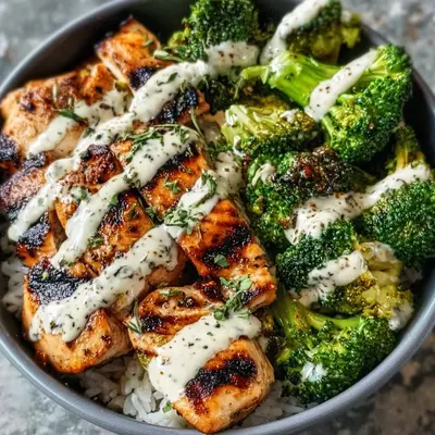 Grilled Chicken Broccoli Bowls with Creamy Garlic Sauce