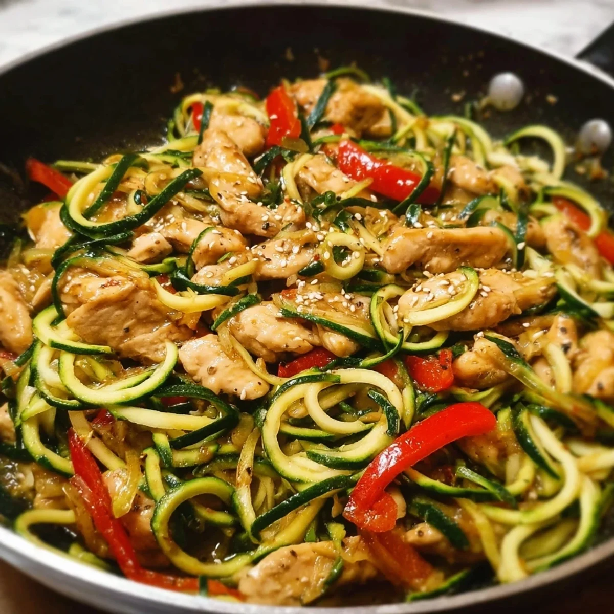 High Protein Garlic Chicken Zucchini Noodle Stir Fry