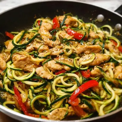 High Protein Garlic Chicken Zucchini Noodle Stir Fry