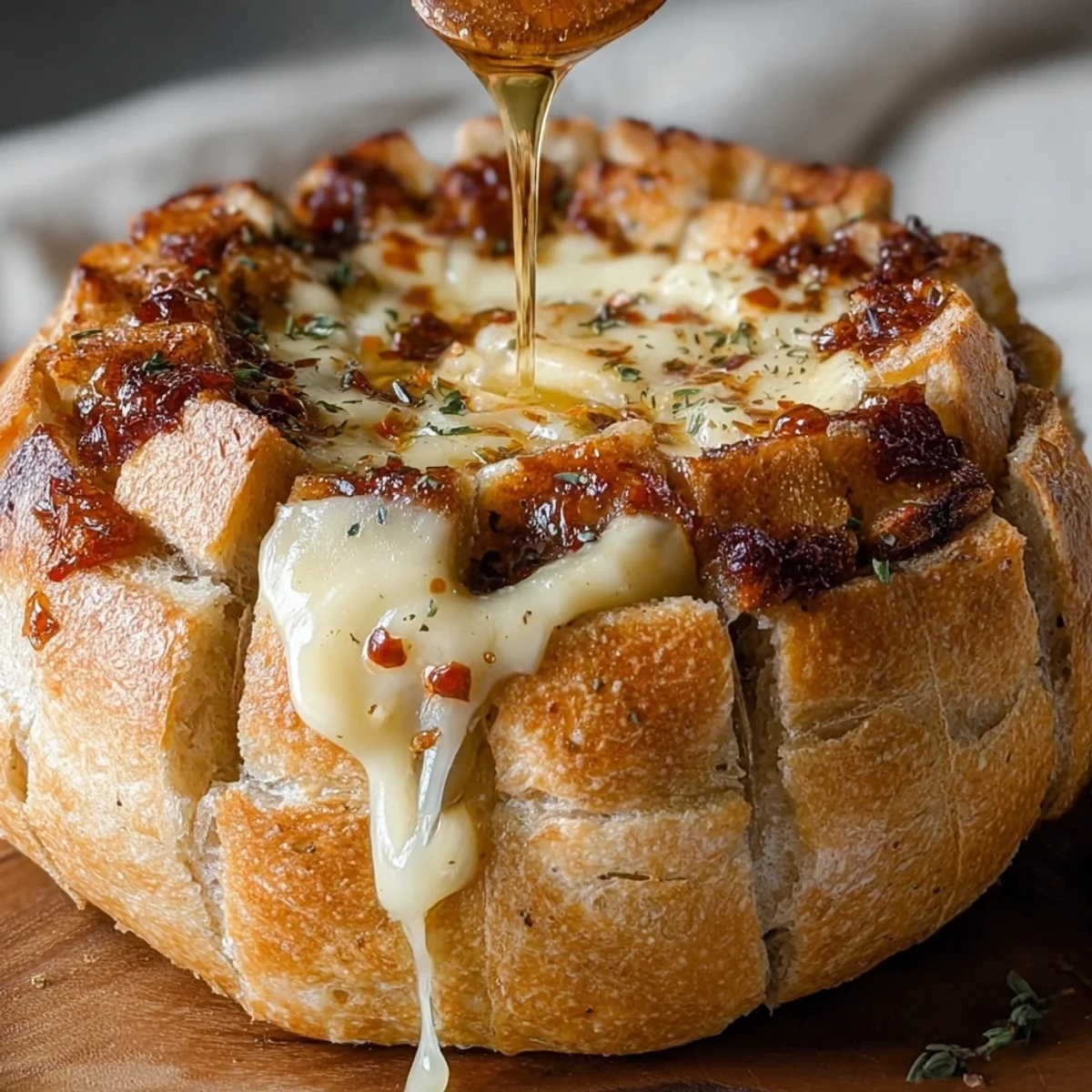 Hot Honey Baked Brie Bread Bowl Appetizer