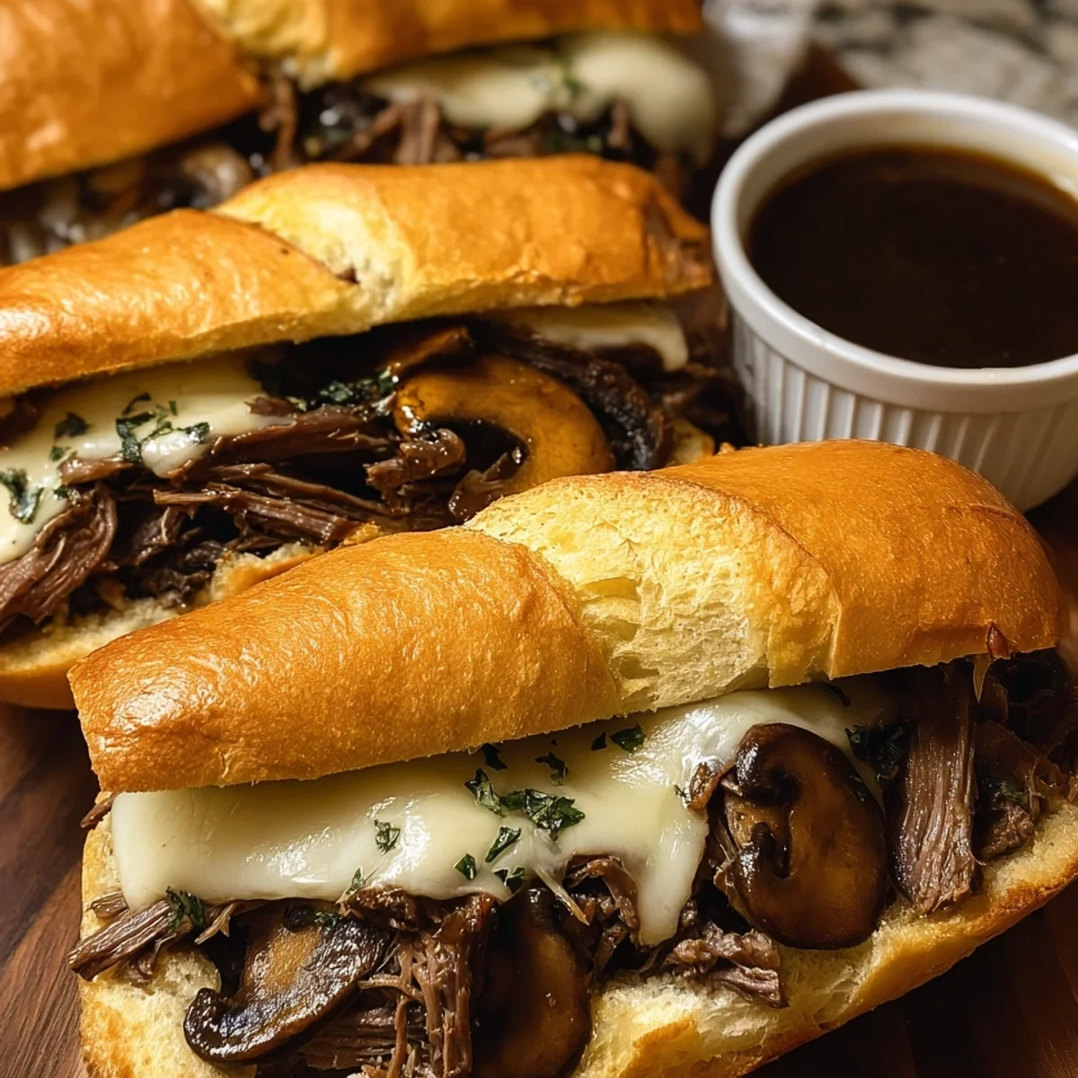 Slow Cooker French Dip Sandwiches with Garlic Mushrooms