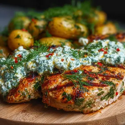 Spicy Yogurt Chicken Thighs with Dill Feta Cream