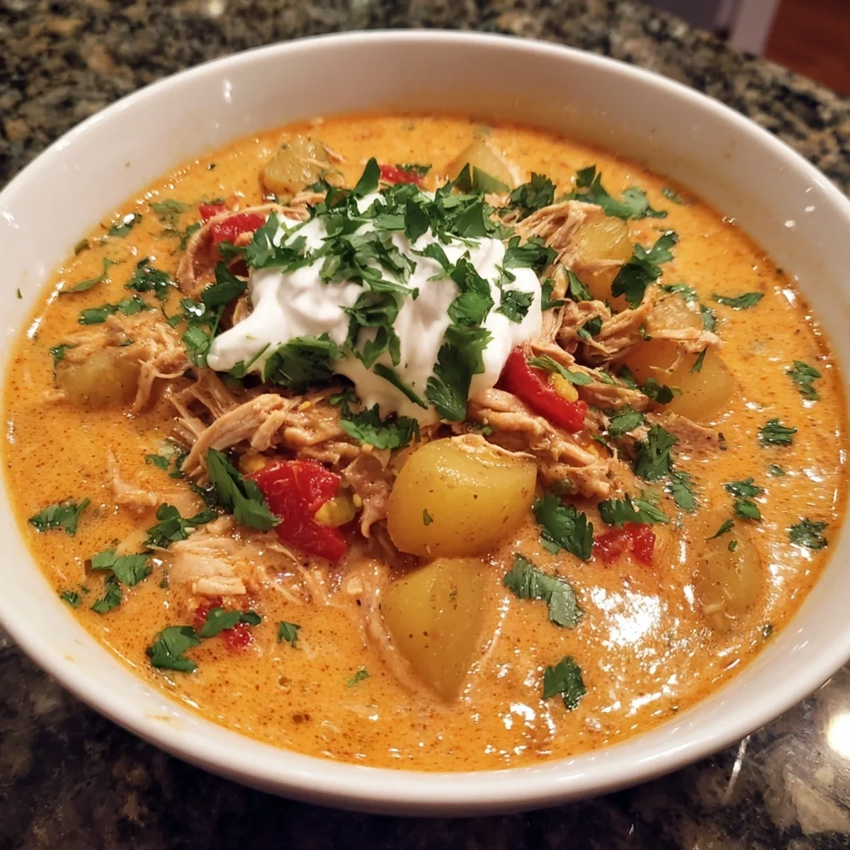 Tex-Mex Creamy Salsa Potato Soup with Shredded Chicken