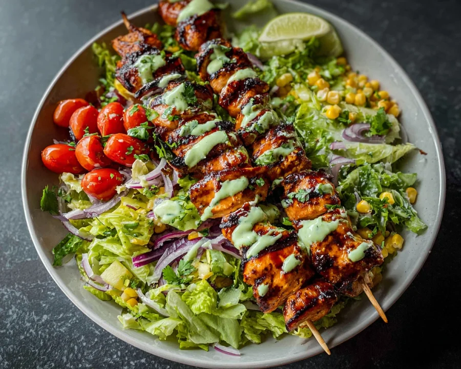 BBQ Chicken Skewer Salad with Creamy Avocado Dressing
