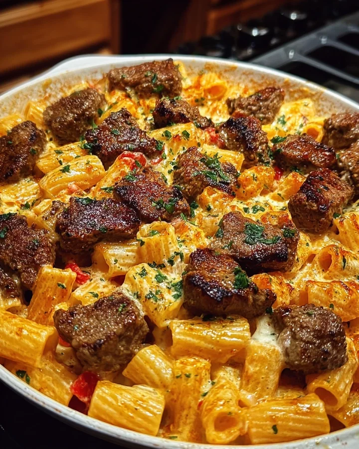 Cajun Steak Tips with Cheesy Rigatoni Parmesan Sauce