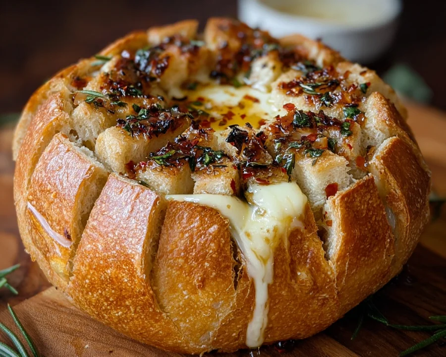 Easy Hot Honey Baked Brie Bread Bowl Appetizer