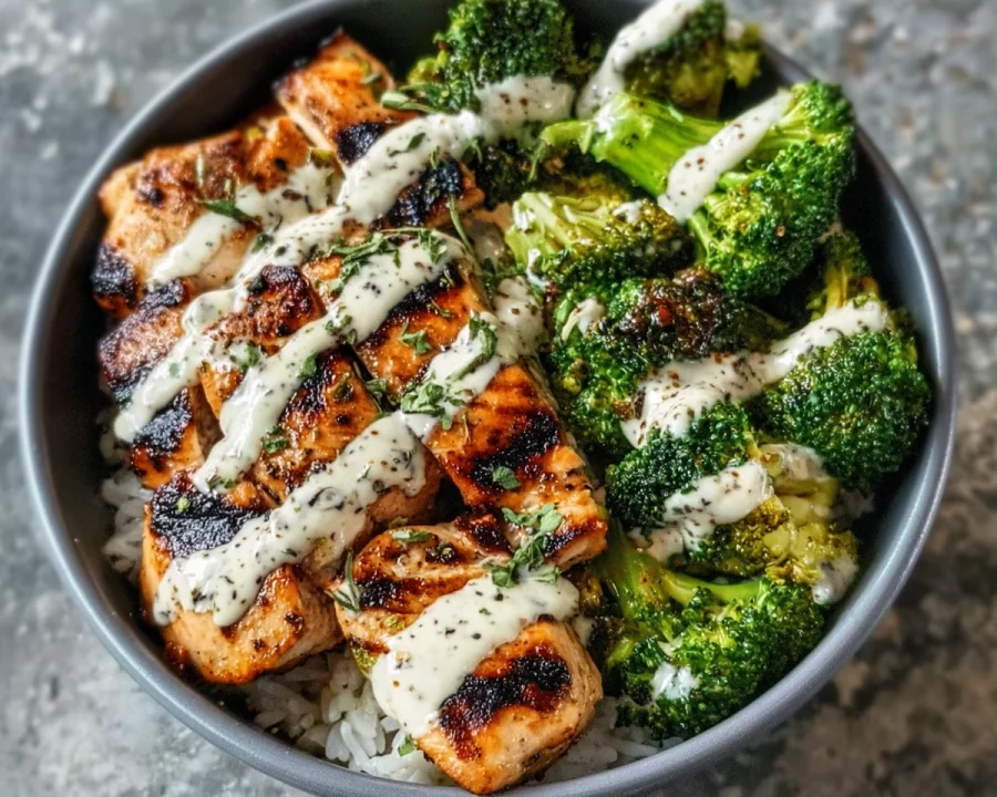 Grilled Chicken Broccoli Bowls with Creamy Garlic Sauce