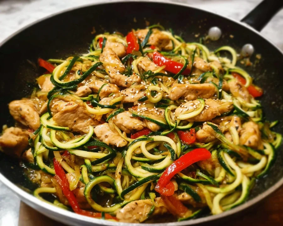 High Protein Garlic Chicken Zucchini Noodle Stir Fry
