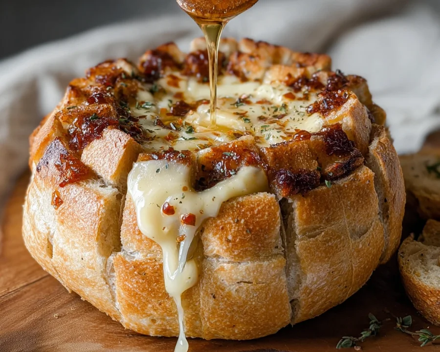 Hot Honey Baked Brie Bread Bowl Appetizer