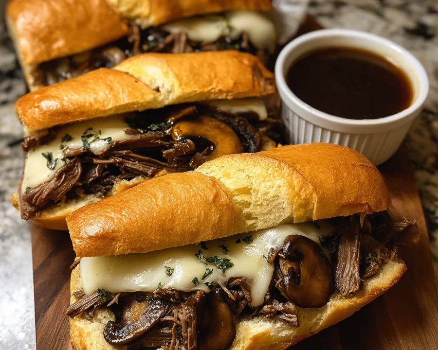 Slow Cooker French Dip Sandwiches with Garlic Mushrooms