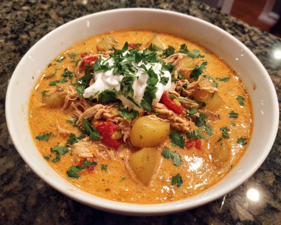 Tex-Mex Creamy Salsa Potato Soup with Shredded Chicken