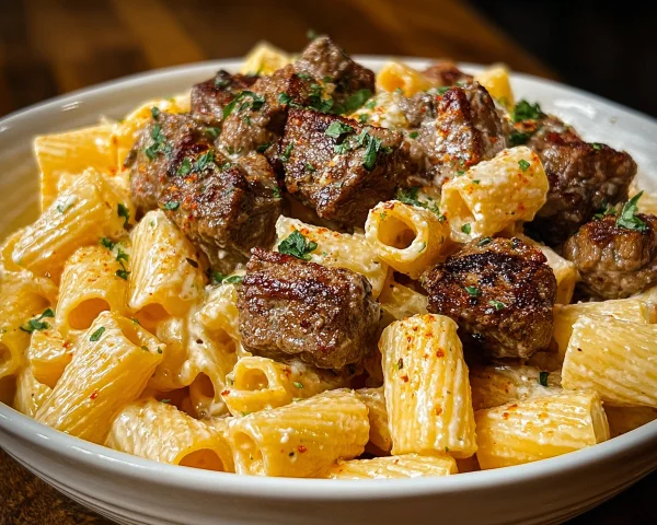 Cajun Steak Tips with Cheesy Rigatoni Parmesan Sauce