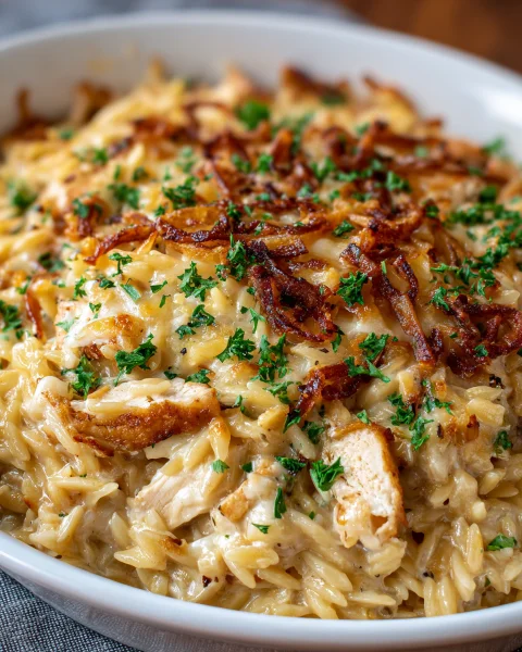 French Onion Chicken Orzo Casserole