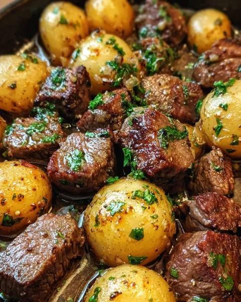 Garlic Butter Beef Bites & Potatoes Skillet