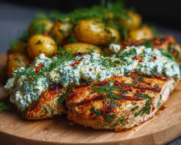 Spicy Yogurt Chicken Thighs with Dill Feta Cream